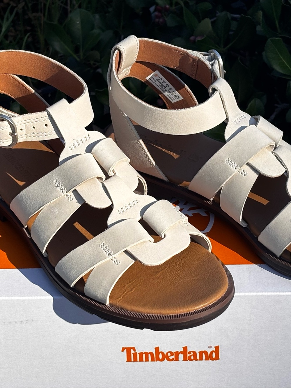 Timberland Women's light beige Leather Woven Ankle-Strap Sandals